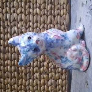 Vintage pastel chintz cottage core handmade decoupage sitting Cat Figurine